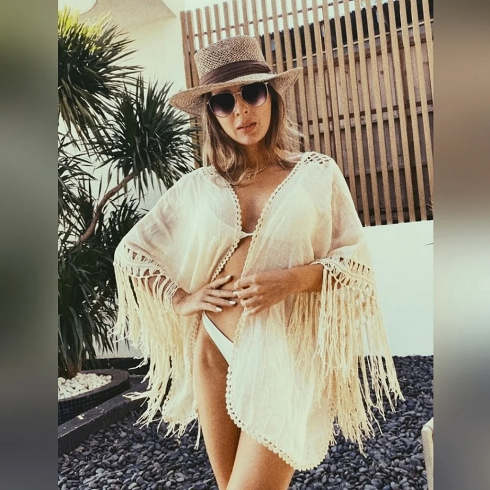 New Boho Chic Crochet Fringe Tassel Cover Up Kimono Cardigan Beige Tan - Picture 3 of 9